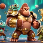 8xbet powerful gorilla king and companions celebrating sports betting excitement in a dynamic 3D illustration.