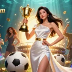 Engage in thrilling sports betting at 789wim with this dynamic illustration of victory, showcasing a stunning woman and crypto elements.