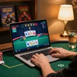 Engaging in online poker with emailcopyguru at a cozy gaming setup featuring laptop screen action.