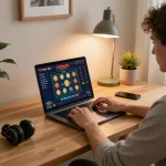 Player engaging with shopshela's online casino using laptop, showcasing scatter bonus features in a warm home setting.