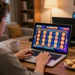 Engaging in rokok88 slot gameplay on a laptop in a cozy home setting.