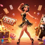 Nổ hũ celebrates wins with vibrant illustration featuring a 3D woman and a cat amidst slot reels and gold coins.