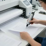 Technician safely bóc plastic from documents using advanced non-force technology in a bright office.