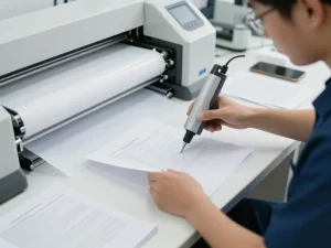 Technician safely bóc plastic from documents using advanced non-force technology in a bright office.