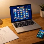 Engaged player exploring IDCASH88 Slot on a laptop, showcasing competitive online gaming setup with strategic notes.