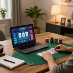 Person playing poker online with fanstoysnewsandreviews on laptop, cozy home atmosphere highlights responsible gaming