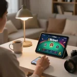 Player enjoying online casino gaming experience on 8kbet platform in cozy living room.