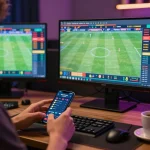 Betting on kèo nhà cái with excitement in a modern home setup shows live sports games and odds.