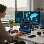 快连 network optimization tool in action at a modern desk with vibrant productivity elements.