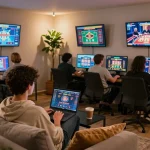 Players engaged in online gambling using spacucina on laptops in a cozy and modern gaming lounge.