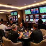 Witness thrilling sports betting action at fishersupermarket with fans tracking live games and placing bets.