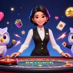 ev99 dealer and owl assistant engaging with players in a vibrant online casino scene.