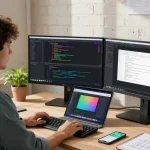 快连开发者工作空間展示現代辦公環境中的編碼和設計工具。