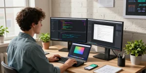 快连开发者工作空間展示現代辦公環境中的編碼和設計工具。