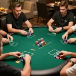 Players strategizing and enjoying a vibrant poker game at Jun 88 with chips stacked high and social atmosphere.