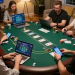 LC88 players enjoying dynamic online blackjack game on laptops and smartphones, vivid gaming interface
