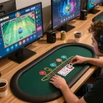 IDCASH88 Login scene showing a user actively playing live dealer blackjack in a cozy gaming setup