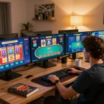 Engaging online gaming scene with tjcjventures featuring multiple screens displaying casino games and responsible gaming elements