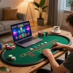 Engage in thrilling action at link cm88 mới nhất with a live dealer game setup showcasing a dynamic home gaming scene