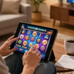 Player enjoying slots on sunwin platform in cozy home environment with tablet and notes.