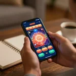 Player using nk88 app for online gaming on smartphone in a cozy home setting