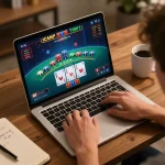 Player engaging in a live dealer blackjack game at home using laptop, showcasing fortleemedspa.
