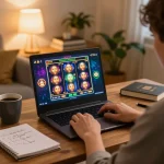 Engaged player enjoying online slots and practicing responsible gaming with votekindness principles