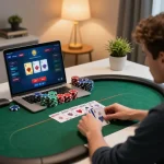 Player engaged in online poker gameplay on a laptop, showcasing strategies for bulenthasan's winning odds in a stylish home environment.