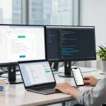 快连應用程式介面在現代科技工作空間中的多螢幕顯示。