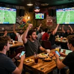 KQBD live sports fans engaging with football matches while placing bets at a lively sports bar