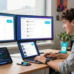 Experience Telegram Download on a modern tech workspace featuring vibrant screens and engaged user.