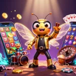 Experience fun with ugdewa link alternatif as a cicada rock star performs amidst slot games and golden coins.