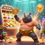 Experience thrilling gaming with popotogel, where a beetle champion smashes through coins in a vibrant casino scene.