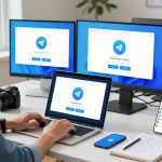Effortlessly download Telegram下载 on multiple devices in a modern workspace, showcasing productivity.