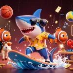 Experience thrilling gaming at m88 with a cartoon shark, seahorse, and DJ crab in a dynamic casino scene.