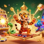 Experience mahjong777 magic with a vibrant scene bursting with gaming excitement and treasures.