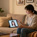 Engaging AI gf chat session in a cozy virtual space.