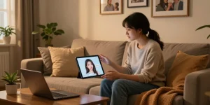Engaging AI gf chat session in a cozy virtual space.