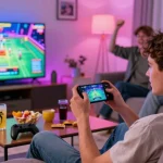 Young adult enjoying KO66 mobile gaming on couch with friends and snacks