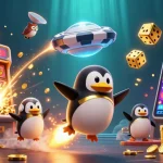 Experience thrilling wins at sky88 with a dazzling 3D scene of a penguin, casino elements, and golden coins.