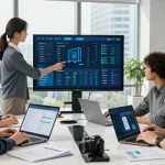 IT support businesses team collaborating with technology in modern office.