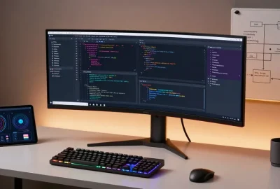 GO8 digital platform showcasing advanced coding and software development in a modern workspace.