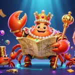 Engage with nego77's vibrant gaming world featuring a golden crab emperor amidst colorful casino elements.