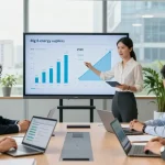Team discussing the big 6 energy suppliers during a corporate meeting, analyzing pricing and service comparisons for 2026.