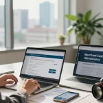 Entrepreneur applying to get a merchant cash advance in a modern office setting.
