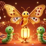 Experience the thrill of xn88 with golden-winged moths amidst dynamic casino scenes filled with vibrant game elements.