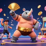 Experience thrilling gameplay at tg88o with a rhinoceros beetle sumo champion amidst flying coins and arcade machines.