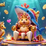 Play exciting slot games with popotogel in a vibrant underwater arcade setting featuring a golden hamster king.