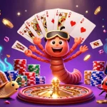 Cascade of golden coins and sparkling gems around crazyvegas' vibrant casino scene filled with playful characters.