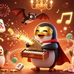 Experience the excitement of xoso66 with a vibrant 3D scene of a penguin organist, celebrating with gold and casino elements.